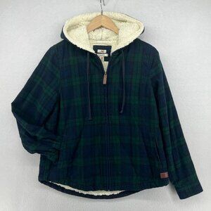 LL BEAN Jacket Womens S Flannel Sherpa Lined Relaxed Scotch Plaid Hooded Green